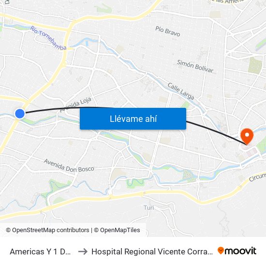 Americas Y 1 De Mayo to Hospital Regional Vicente Corral Moscoso map