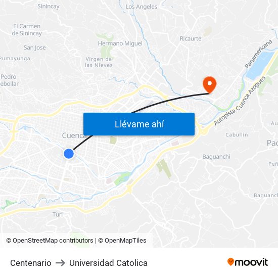 Centenario to Universidad Catolica map