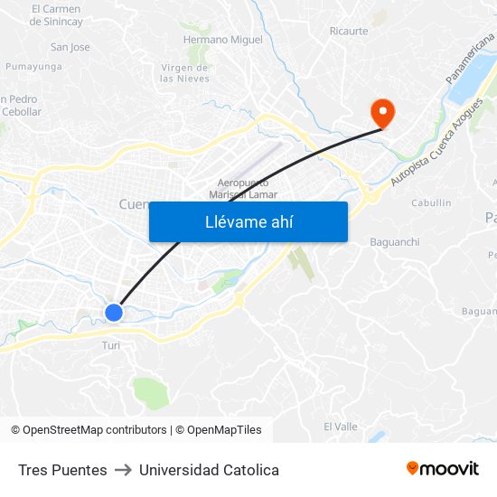 Tres Puentes to Universidad Catolica map