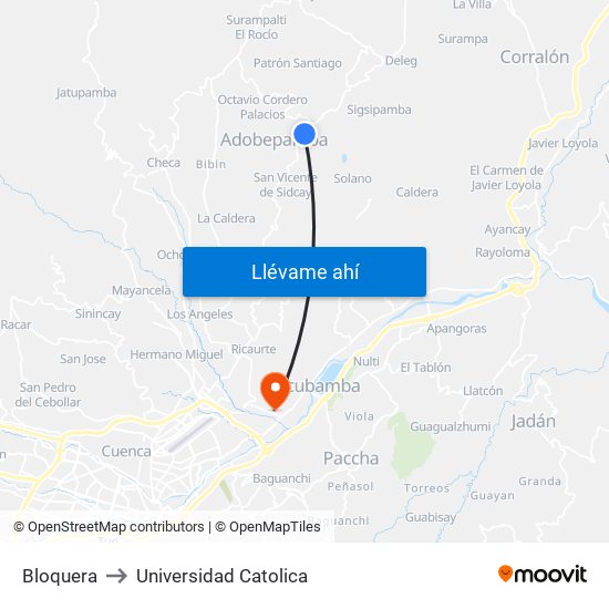 Bloquera to Universidad Catolica map