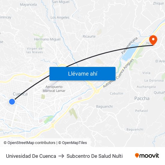 Univesidad De Cuenca to Subcentro De Salud Nulti map