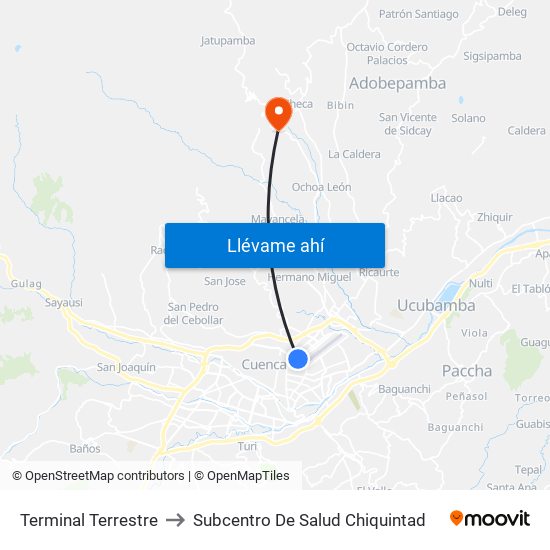 Terminal Terrestre to Subcentro De Salud Chiquintad map