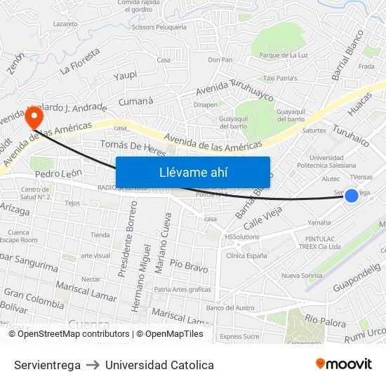 Servientrega to Universidad Catolica map