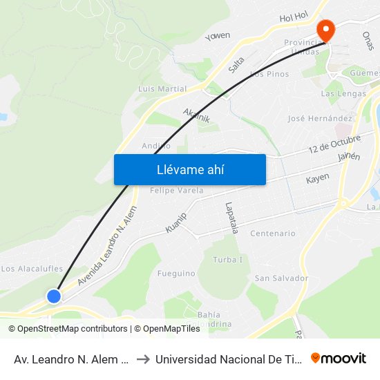 Av. Leandro N. Alem Y Calle Buenos Aires to Universidad Nacional De Tierra Del Fuego (U.N.T.D.F.) map