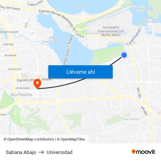 Sabana Abajo to Universidad map