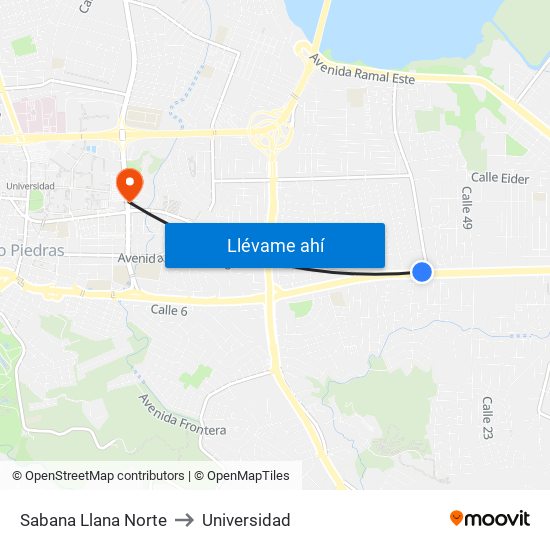 Sabana Llana Norte to Universidad map