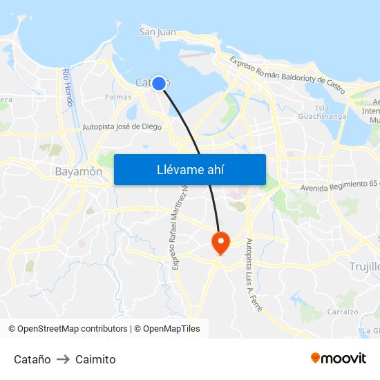 Cataño to Caimito map