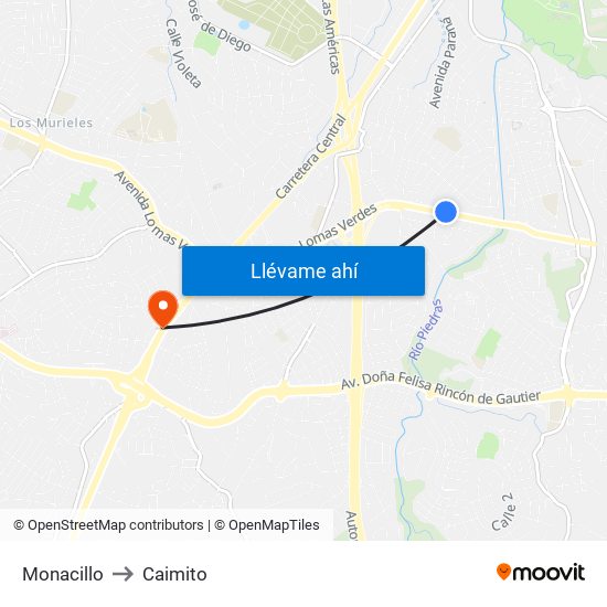 Monacillo to Caimito map