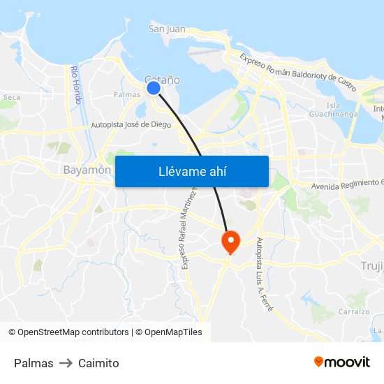 Palmas to Caimito map