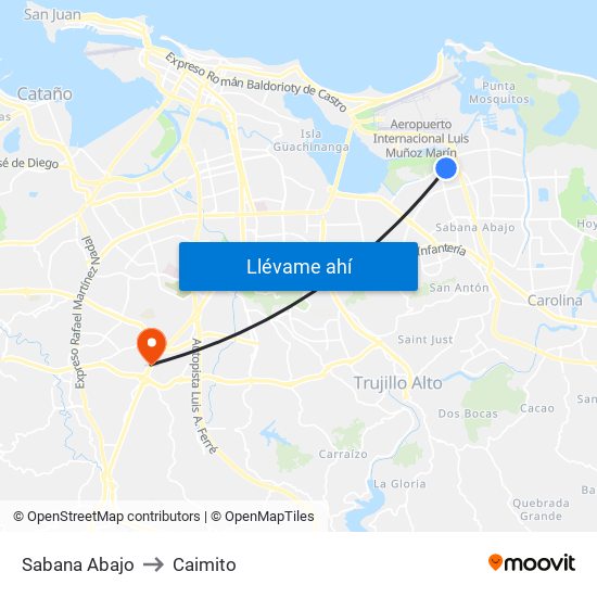 Sabana Abajo to Caimito map