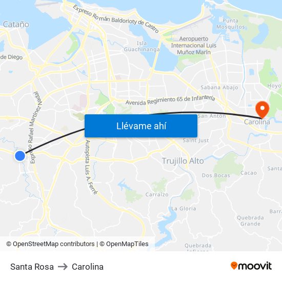 Santa Rosa to Carolina map