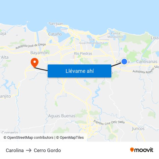 Carolina to Cerro Gordo map
