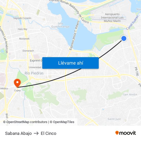 Sabana Abajo to El Cinco map