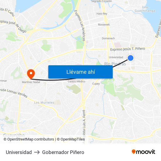 Universidad to Gobernador Piñero map