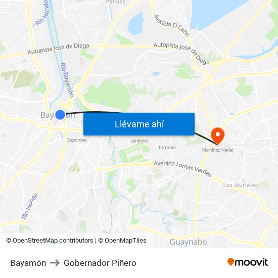 Bayamón to Gobernador Piñero map