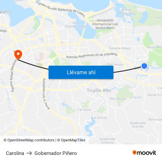 Carolina to Gobernador Piñero map