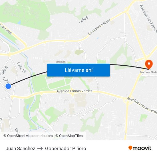 Juan Sánchez to Gobernador Piñero map