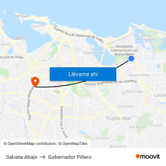 Sabana Abajo to Gobernador Piñero map