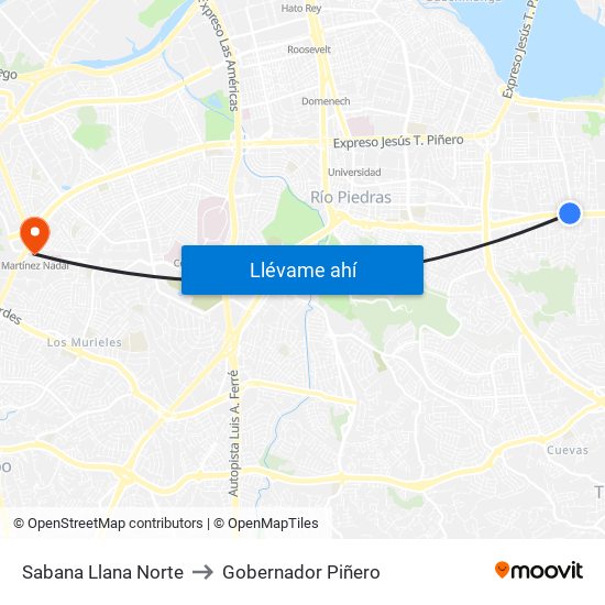 Sabana Llana Norte to Gobernador Piñero map