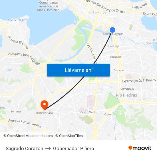 Sagrado Corazón to Gobernador Piñero map