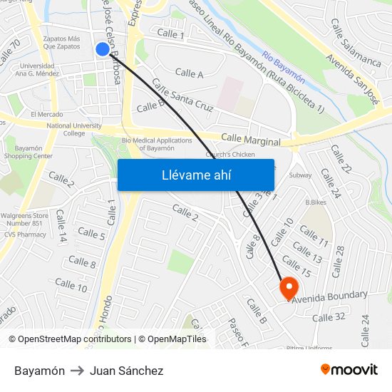 Bayamón to Juan Sánchez map