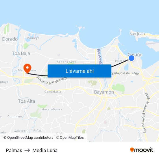 Palmas to Media Luna map