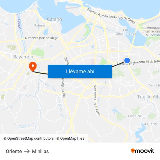 Oriente to Minillas map