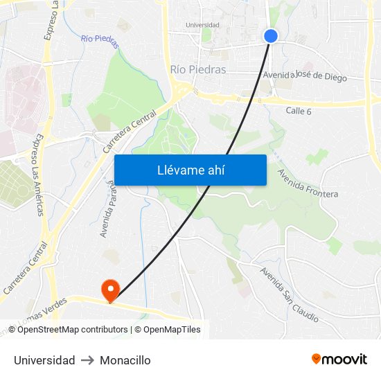 Universidad to Monacillo map