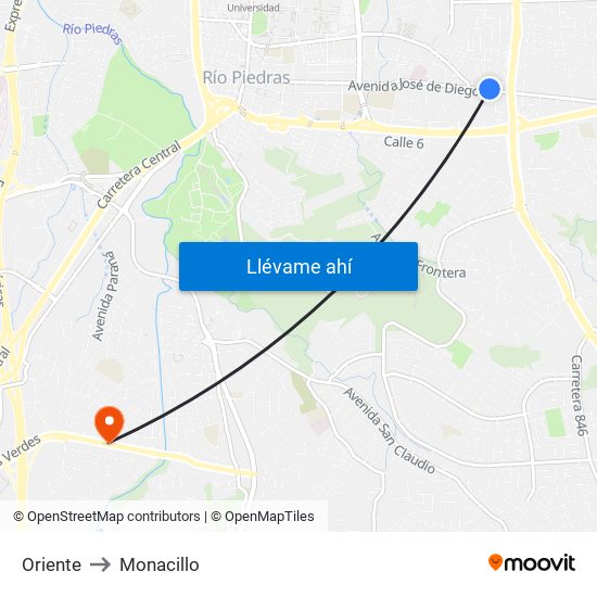 Oriente to Monacillo map