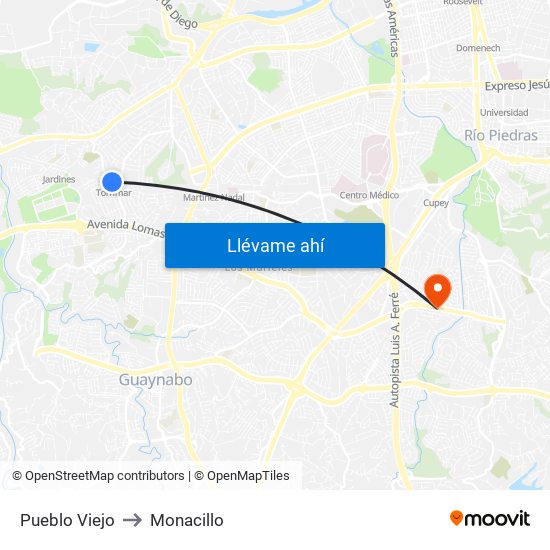 Pueblo Viejo to Monacillo map