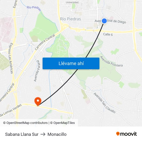 Sabana Llana Sur to Monacillo map