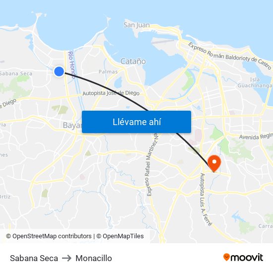Sabana Seca to Monacillo map