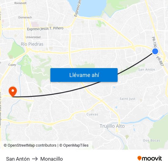 San Antón to Monacillo map