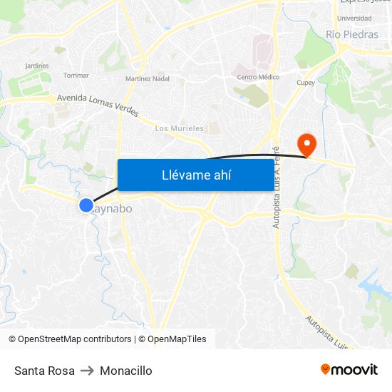 Santa Rosa to Monacillo map