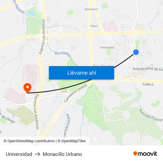 Universidad to Monacillo Urbano map