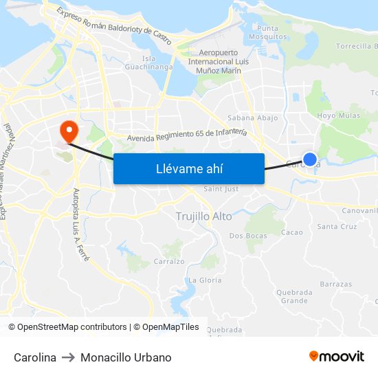 Carolina to Monacillo Urbano map