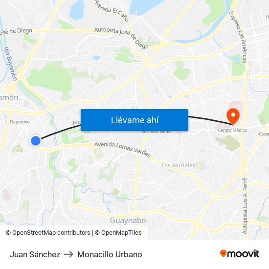 Juan Sánchez to Monacillo Urbano map