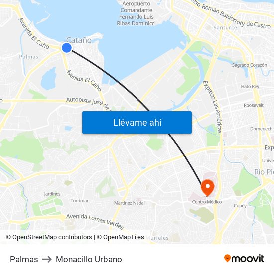 Palmas to Monacillo Urbano map