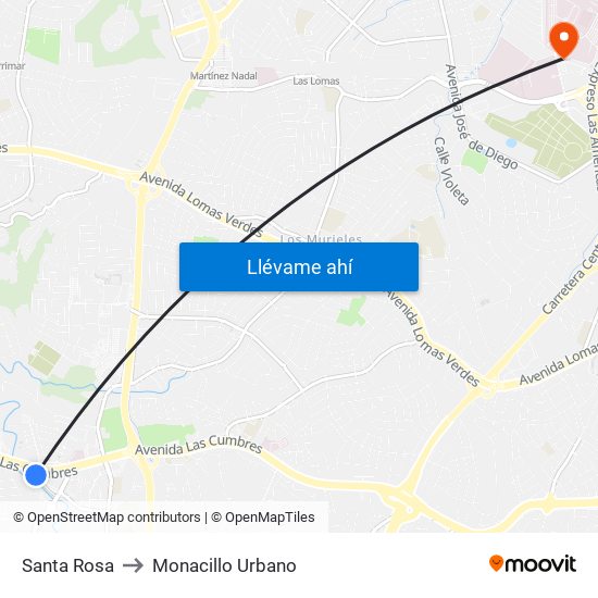 Santa Rosa to Monacillo Urbano map