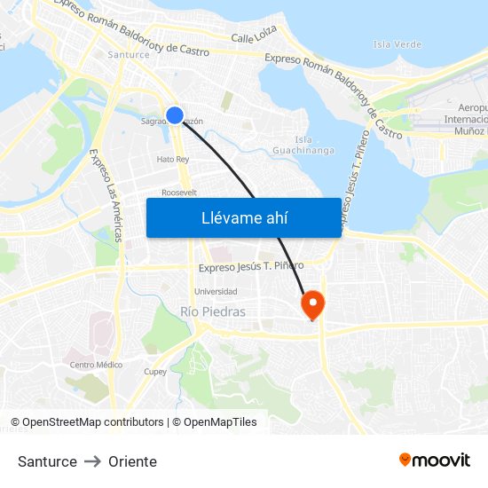 Santurce to Oriente map