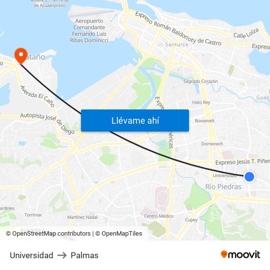 Universidad to Palmas map