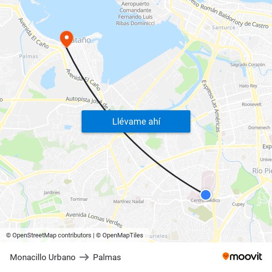 Monacillo Urbano to Palmas map