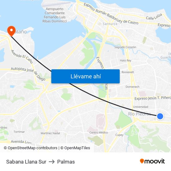 Sabana Llana Sur to Palmas map