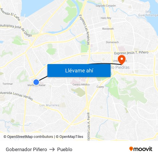 Gobernador Piñero to Pueblo map