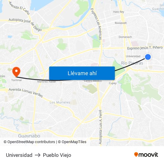 Universidad to Pueblo Viejo map