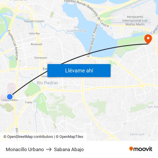 Monacillo Urbano to Sabana Abajo map