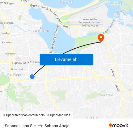Sabana Llana Sur to Sabana Abajo map
