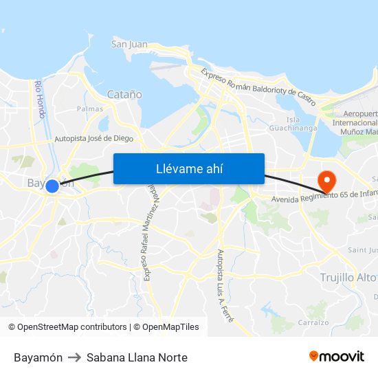 Bayamón to Sabana Llana Norte map