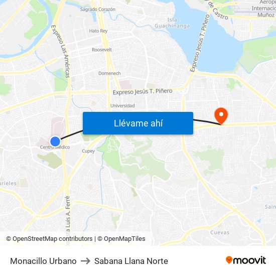 Monacillo Urbano to Sabana Llana Norte map