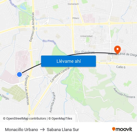 Monacillo Urbano to Sabana Llana Sur map